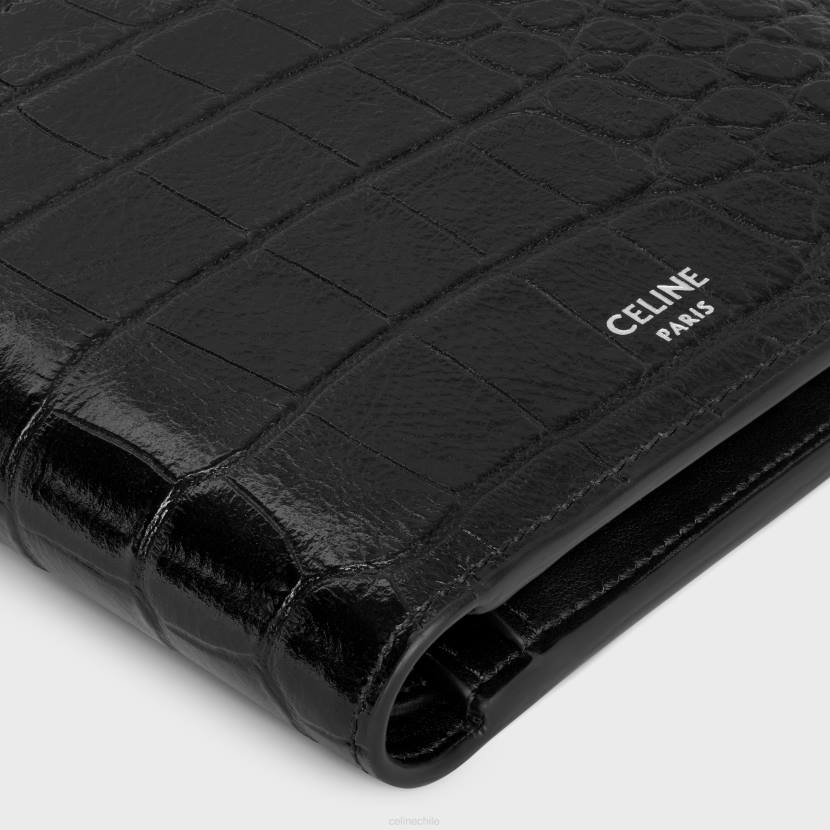 accesorios CELINE cartera plegable con monedero de piel de becerro con relieve de cocodrilo negro hombres NL482164