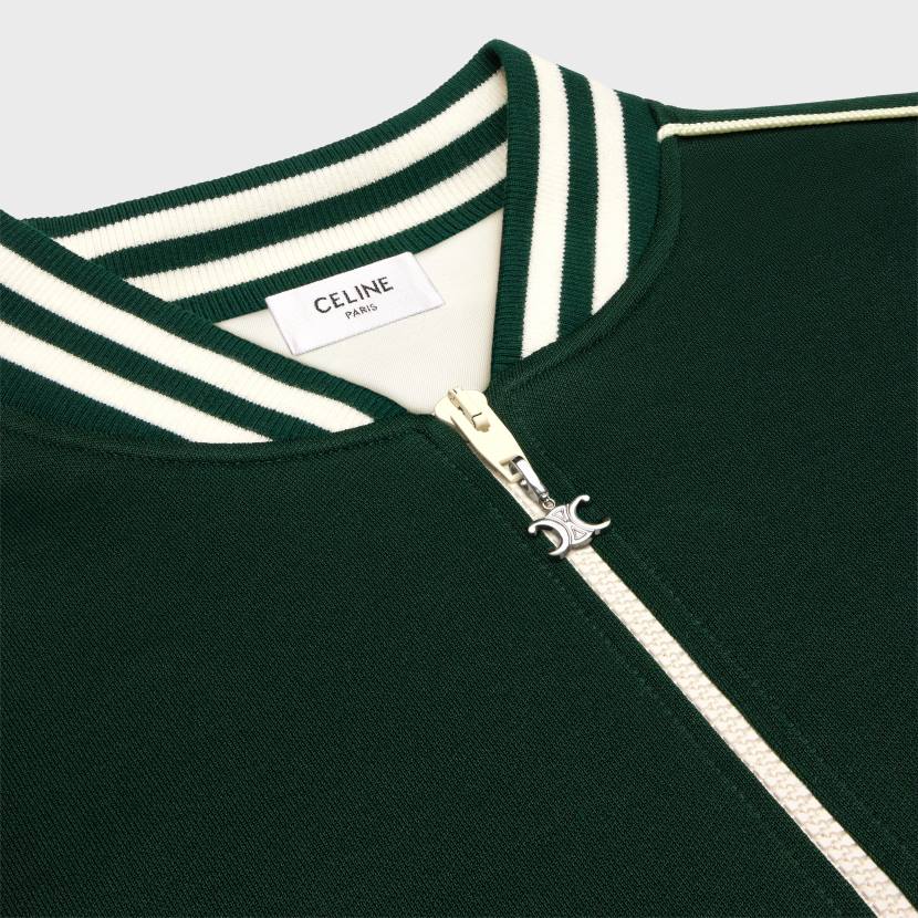 vestir CELINE Chaqueta de peluche Triomphe de punto de doble cara. verde oscuro/blanco roto hombres NL481952