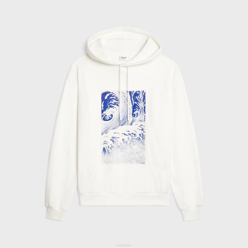 vestir CELINE sudadera con capucha y ondas holgadas de felpa de algodón blanco roto/azul hombres NL481948