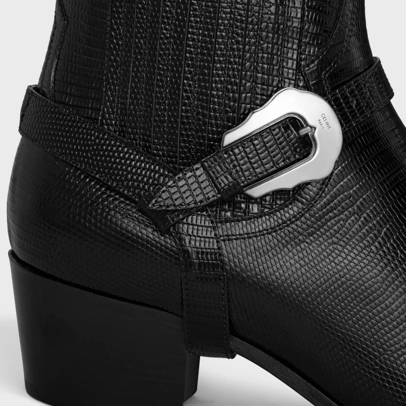 calzado CELINE Bota estilo western Chelsea Isaac con arnés y puntera de metal en piel de becerro estampada Tejus negro hombres NL482056