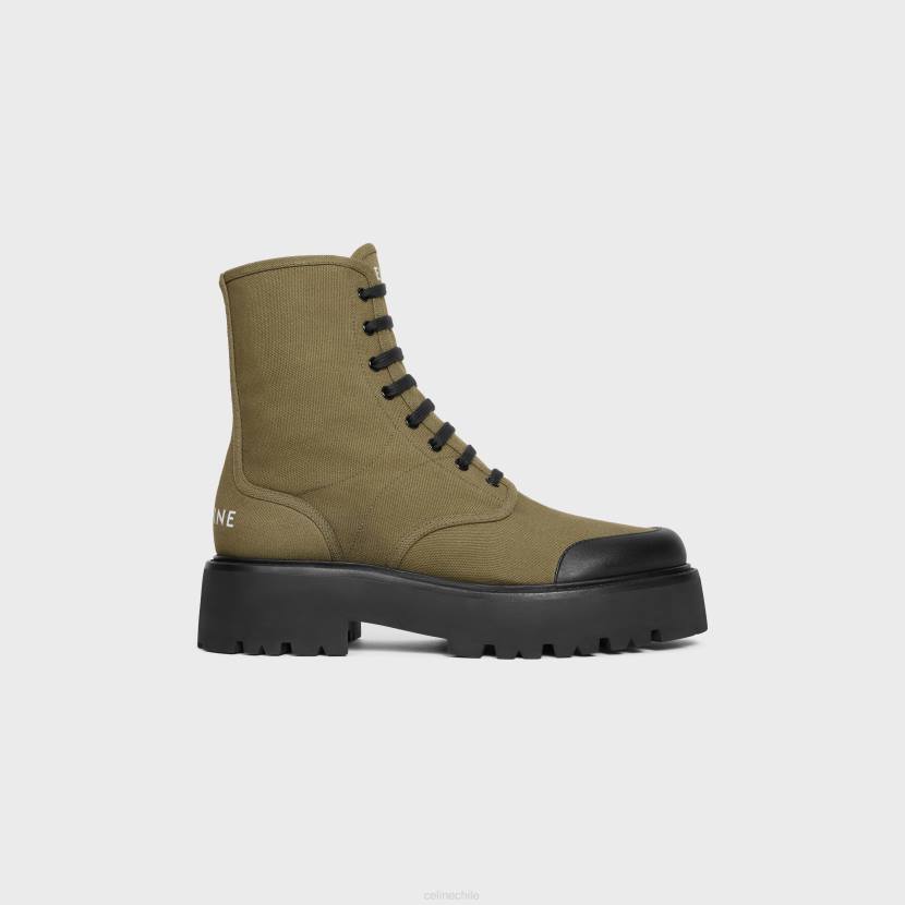 calzado CELINE botas voluminosas con cordones en lona y piel de toro brillante caqui/negro hombres NL482037