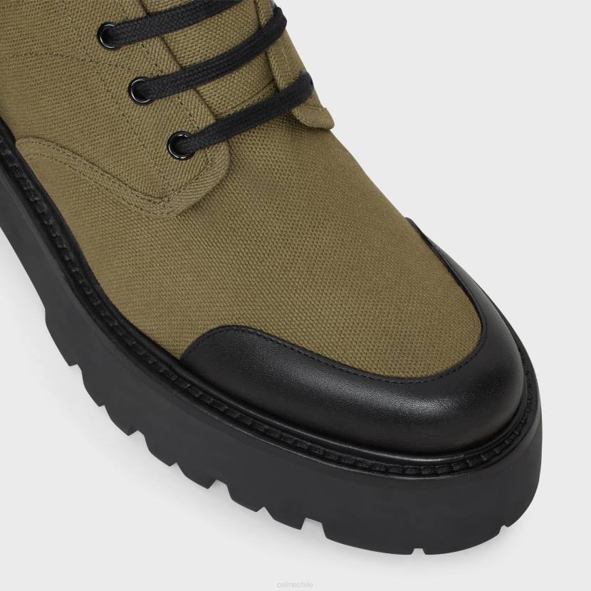 calzado CELINE botas voluminosas con cordones en lona y piel de toro brillante caqui/negro hombres NL482037