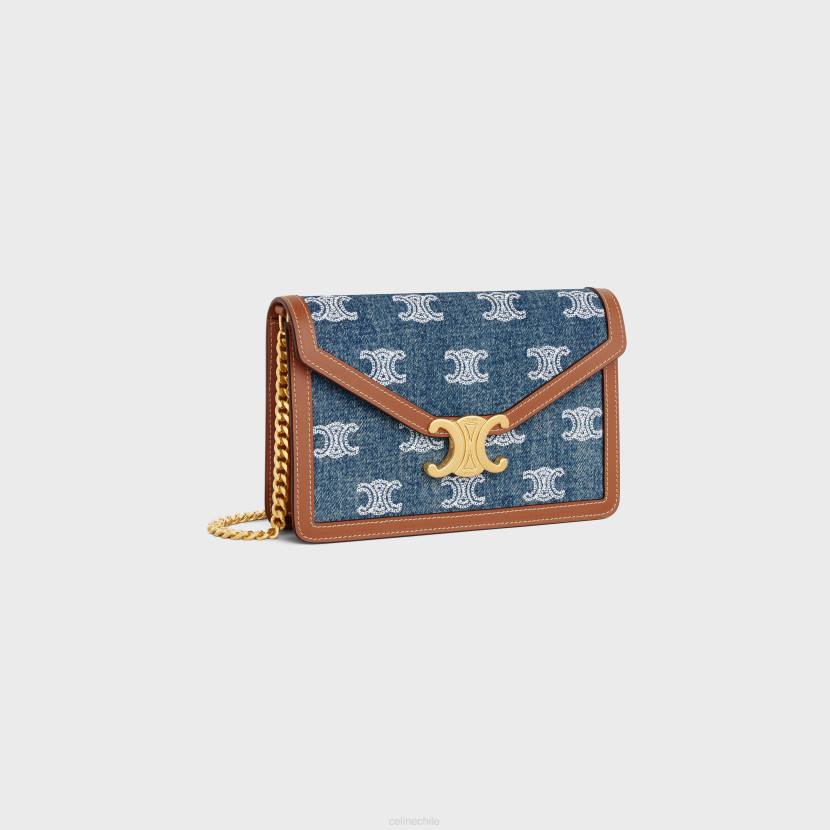 accesorios CELINE cartera con cadena margo de denim con bordado integral del triunfo y piel de becerro azul marino/bronceado mujer NL48358