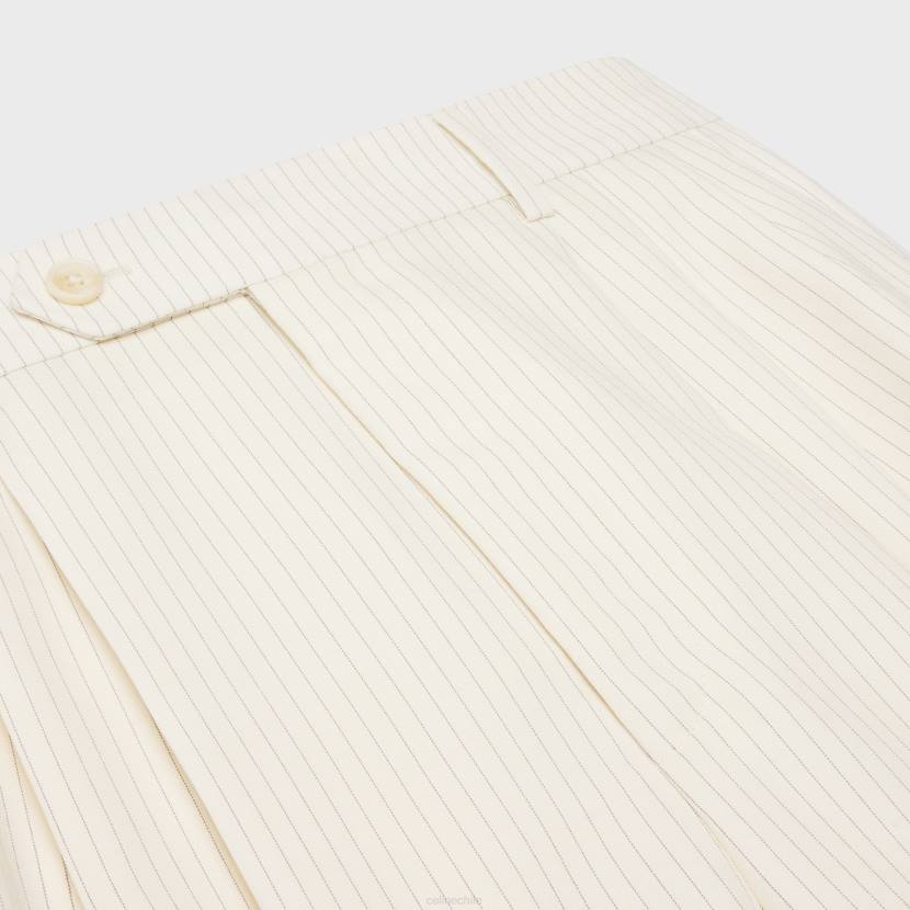 vestir CELINE pantalones cortos con triple pliegue en lana a rayas marfil/negro mujer NL48878