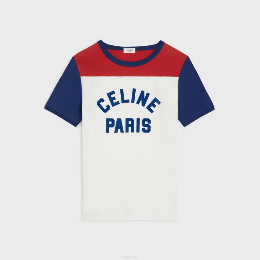 vestir CELINE camiseta paris años 70 en punto de algodón blanco roto/azul berlín/profundo mujer NL48774
