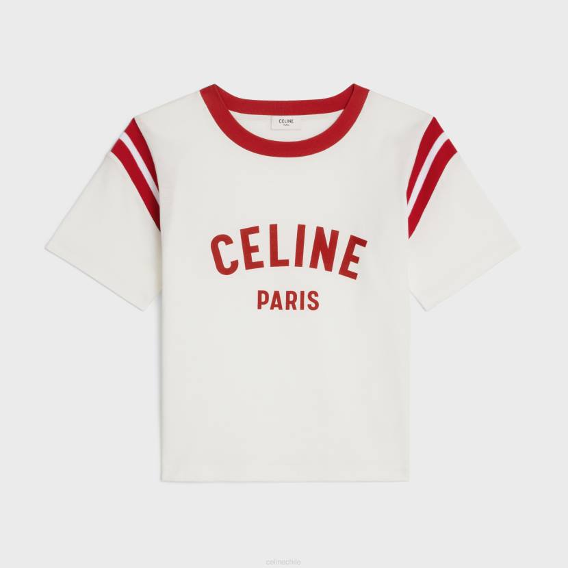 vestir CELINE camiseta paris boxy de punto de algodón blanco roto/rojo intenso mujer NL48777