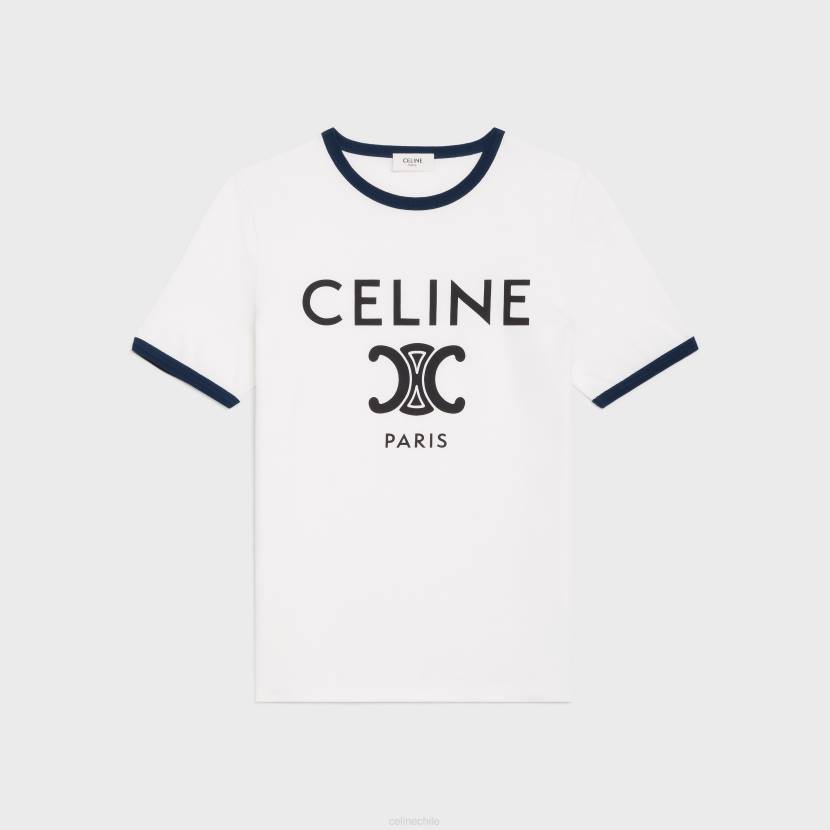 vestir CELINE camiseta paris en punto de algodón blanco roto/azul marino/negro mujer NL48773