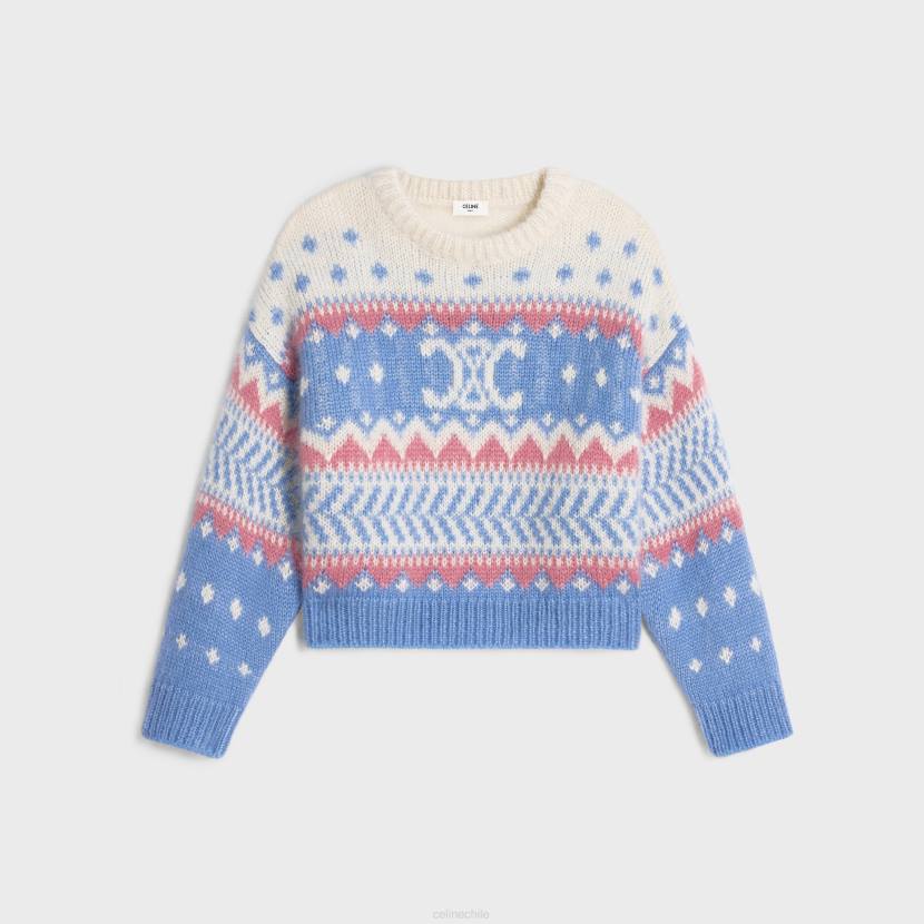vestir CELINE Jersey de cuello redondo de mohair Fair Isle y seda azul claro mujer NL48606