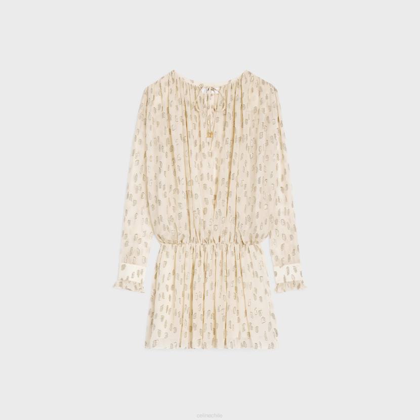 vestir CELINE Vestido corto fruncido de fil coupé de seda lamé vainilla mujer NL48796