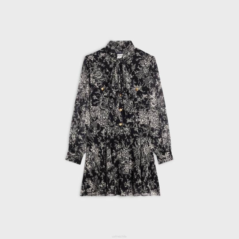 vestir CELINE Vestido corto lavalliere de georgette de seda negro/craie mujer NL48789