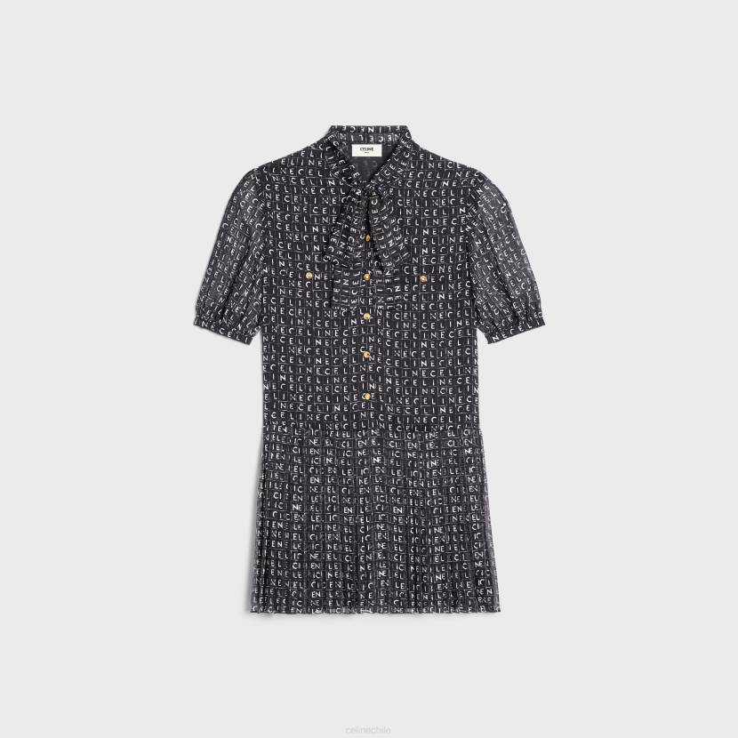 vestir CELINE Vestido corto lavalliere de georgette de seda negro/marfil mujer NL48790