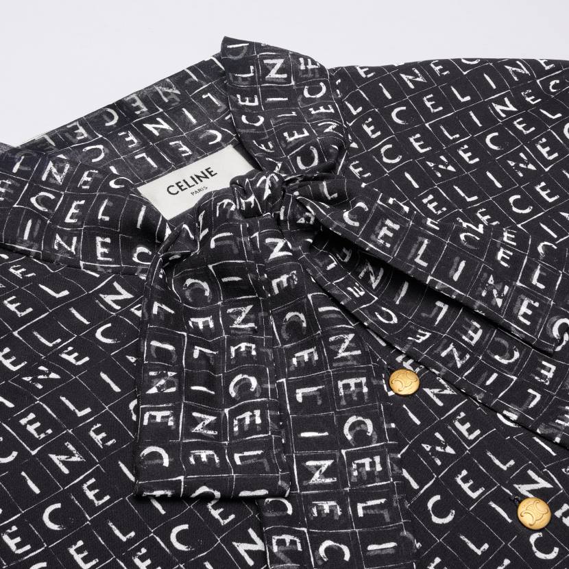 vestir CELINE Vestido corto lavalliere de georgette de seda negro/marfil mujer NL48790