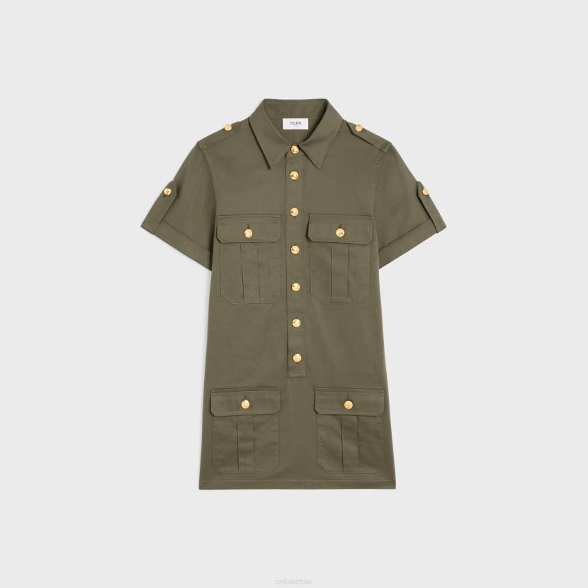 vestir CELINE Vestido estilo camiseta con bolsillos militares en sarga ligera kaki mujer NL48800