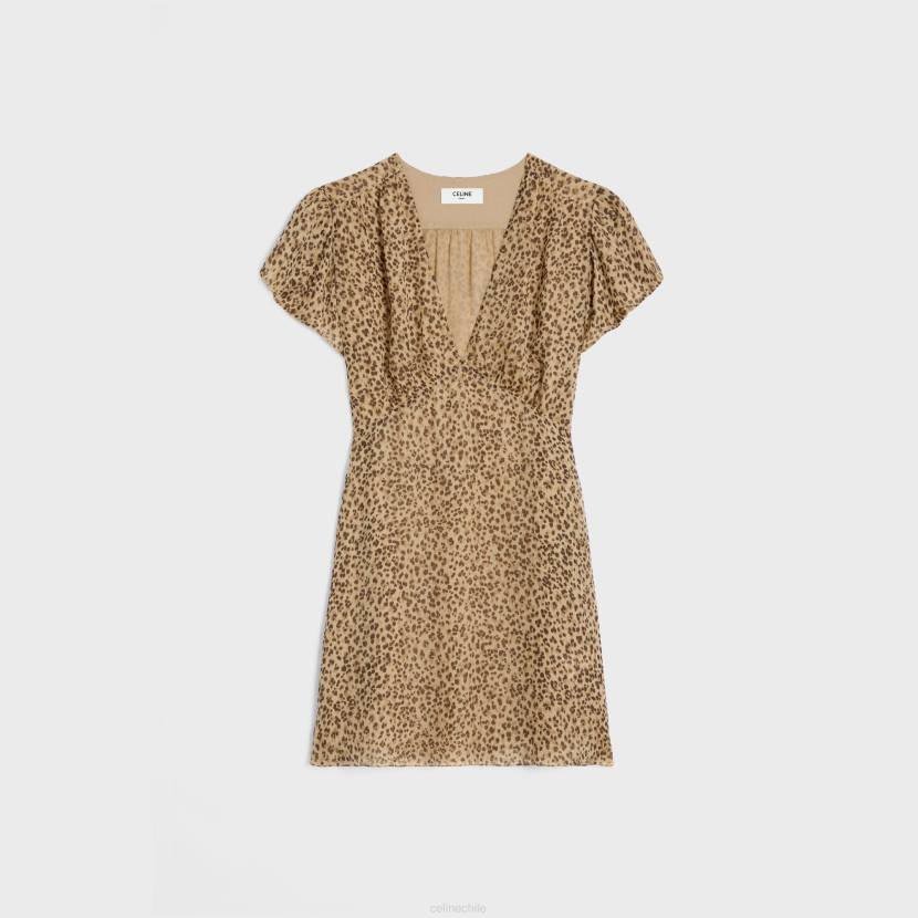 vestir CELINE minivestido babydoll de muselina de seda vainilla/marrón mujer NL48655