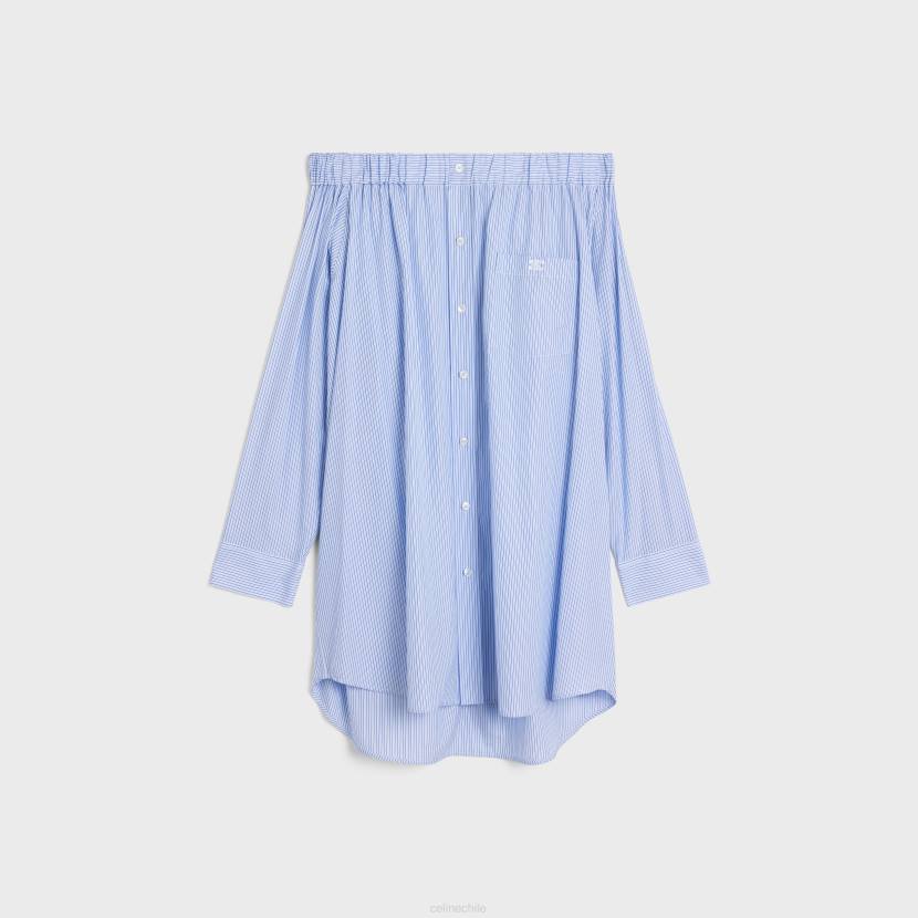 vestir CELINE vestido camisero con hombros descubiertos en algodón a rayas craie/azul mujer NL48799