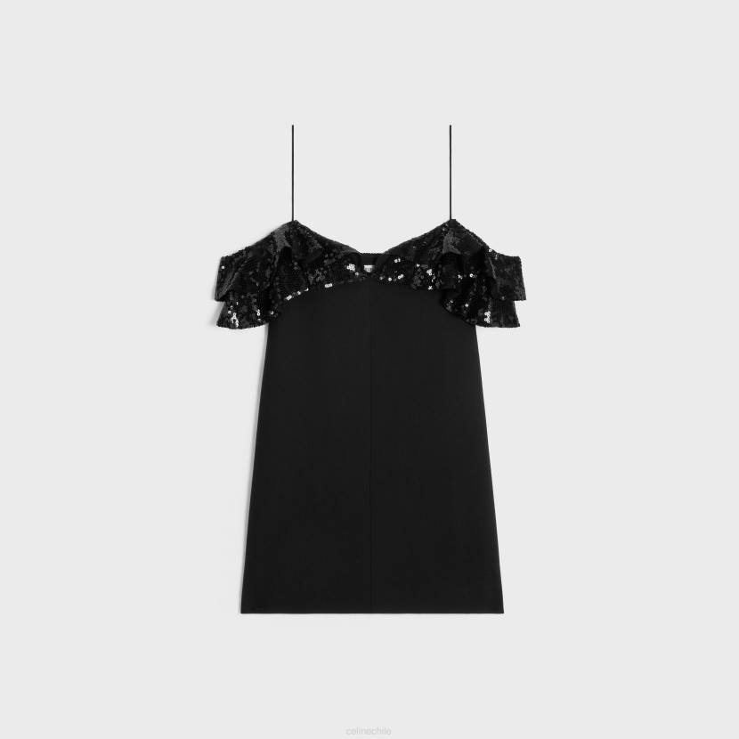 vestir CELINE vestido mini con volantes bordados en lana de marta negro mujer NL48658